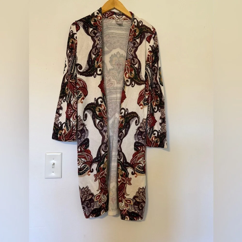 Chico’s Paisley Open Front Cardigan Women’s Size 0 Multicolor Boho Knit Sweater - Picture 2 of 10
